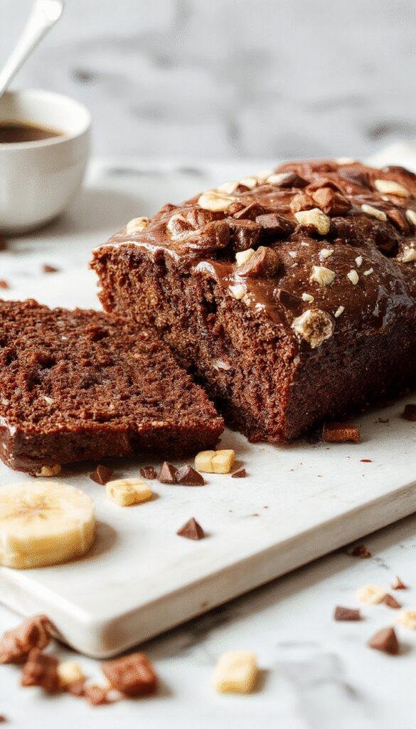 A slice of decadent chocolate espresso banana bread on a plate, garnished with a drizzle of chocolate and a coffee cup in the background