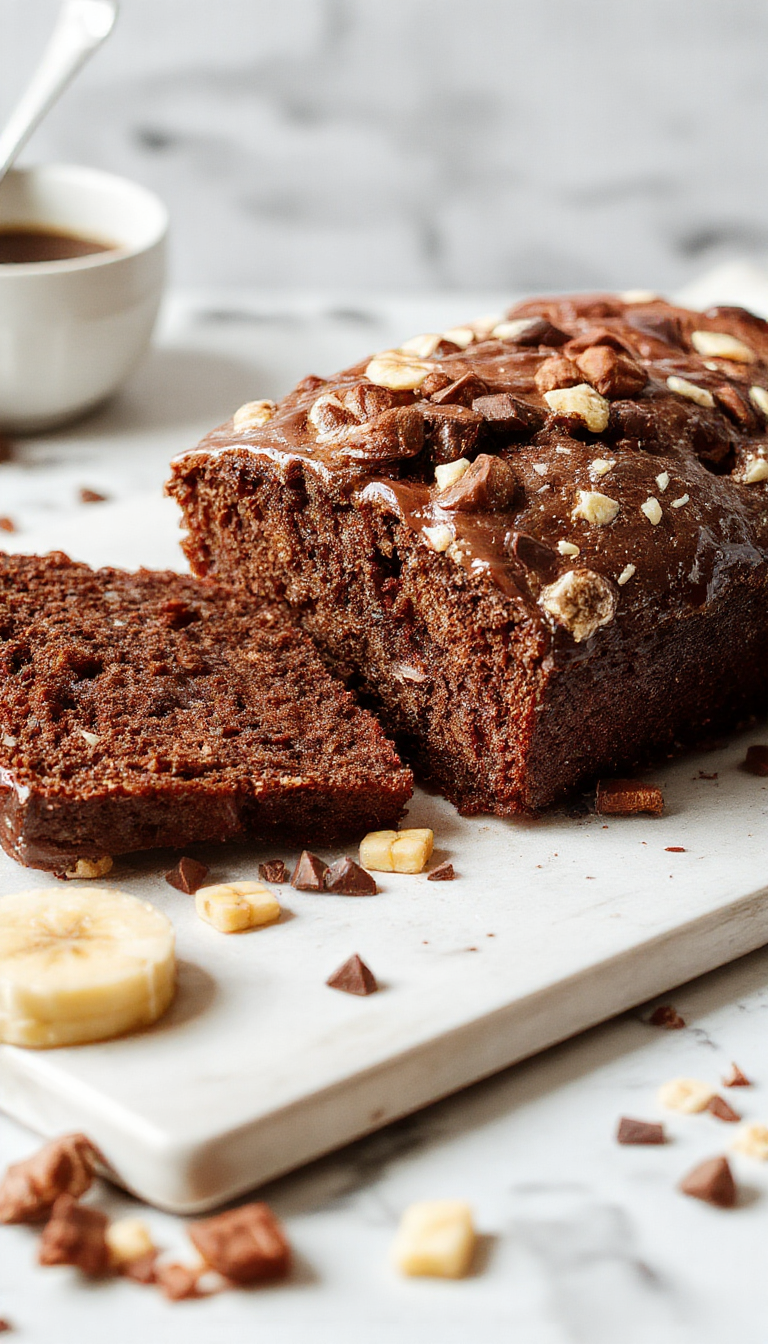 A slice of decadent chocolate espresso banana bread on a plate, garnished with a drizzle of chocolate and a coffee cup in the background