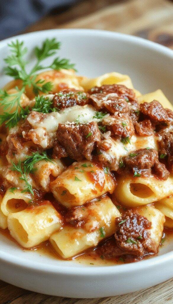 A close-up of creamy Parmesan beef rigatoni pasta topped with fresh herbs and grated cheese, served on a rustic plate.