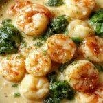 A bowl of creamy shrimp and spinach tortellini garnished with fresh herbs, showcasing tender pasta, succulent shrimp, and vibrant spinach in a rich sauce.