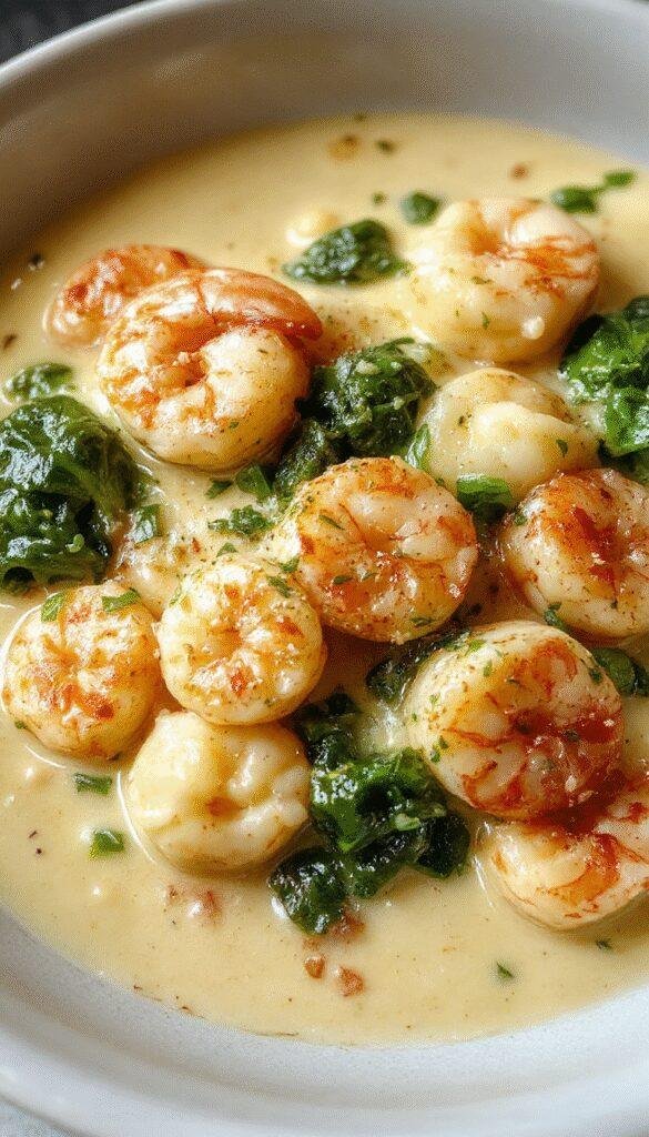 A bowl of creamy shrimp and spinach tortellini garnished with fresh herbs, showcasing tender pasta, succulent shrimp, and vibrant spinach in a rich sauce.