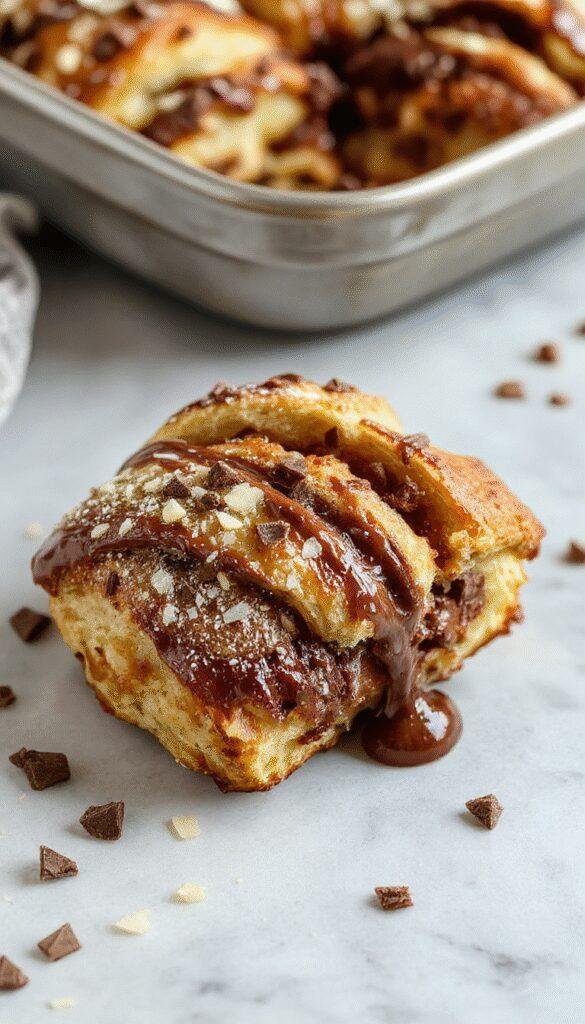 A golden-brownChocolate Croissant Bake served in a baking dish, topped with powdered sugar and fresh berries, steam rising beautifully.