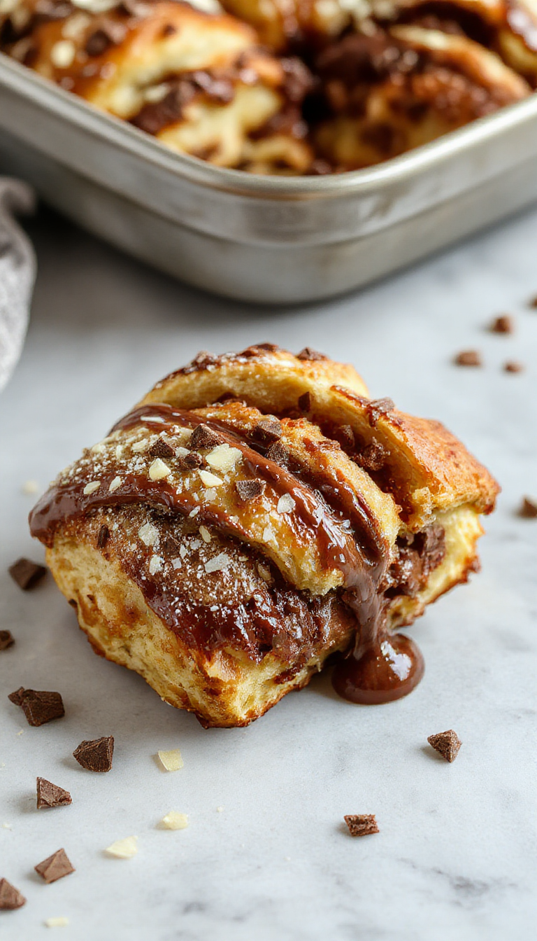 A golden-brownChocolate Croissant Bake served in a baking dish, topped with powdered sugar and fresh berries, steam rising beautifully.
