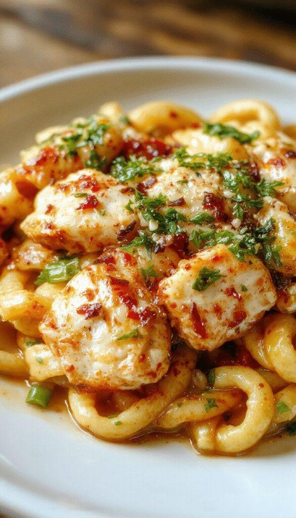 A vibrant plate of Honey Pepper Chicken Pasta garnished with fresh herbs, showcasing tender chicken pieces and perfectly cooked pasta coated in a glossy honey pepper sauce.