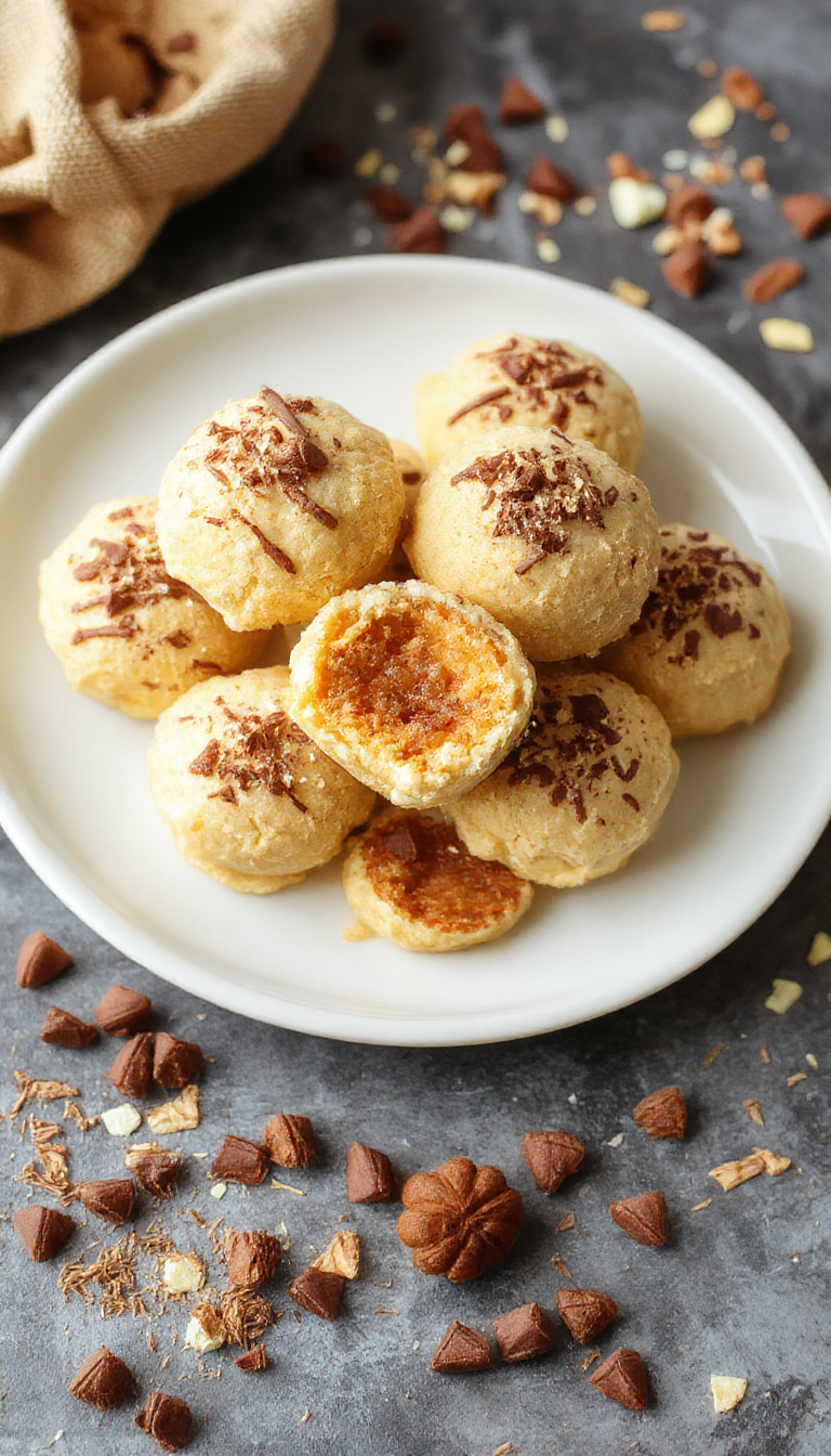 Creamy pumpkin cheesecake truffles coated in chocolate with a sprinkle of crushed cookies, displayed on a festive platter.