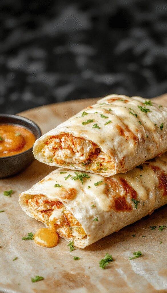 A close-up of cheesy garlic chicken wraps filled with melted cheese, fresh herbs, and tender chicken slices, garnished with parsley.