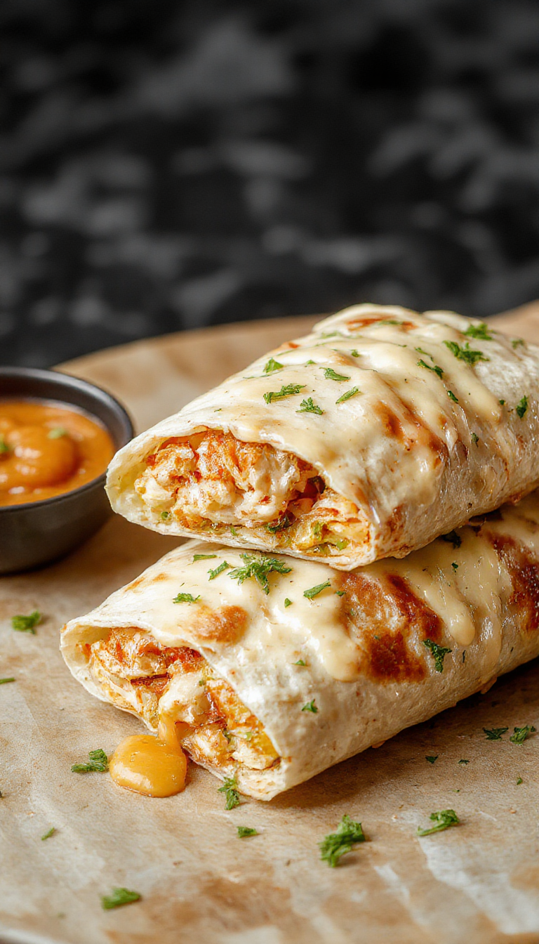 A close-up of cheesy garlic chicken wraps filled with melted cheese, fresh herbs, and tender chicken slices, garnished with parsley.