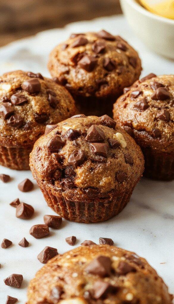 A tray of freshly baked Divine Chocolate Chip Banana Bliss Muffins with golden tops, partially sliced to reveal banana and chocolate chip filling.