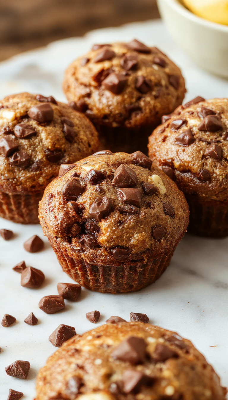 A tray of freshly baked Divine Chocolate Chip Banana Bliss Muffins with golden tops, partially sliced to reveal banana and chocolate chip filling.
