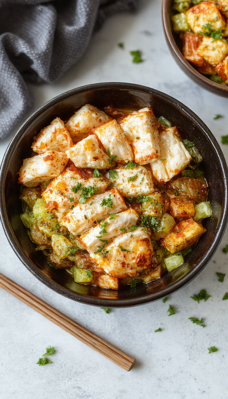 A vibrant plate featuring a dynamic duo chicken bowl with grilled chicken, colorful vegetables, rice, and zesty sauces, garnished with fresh herbs.