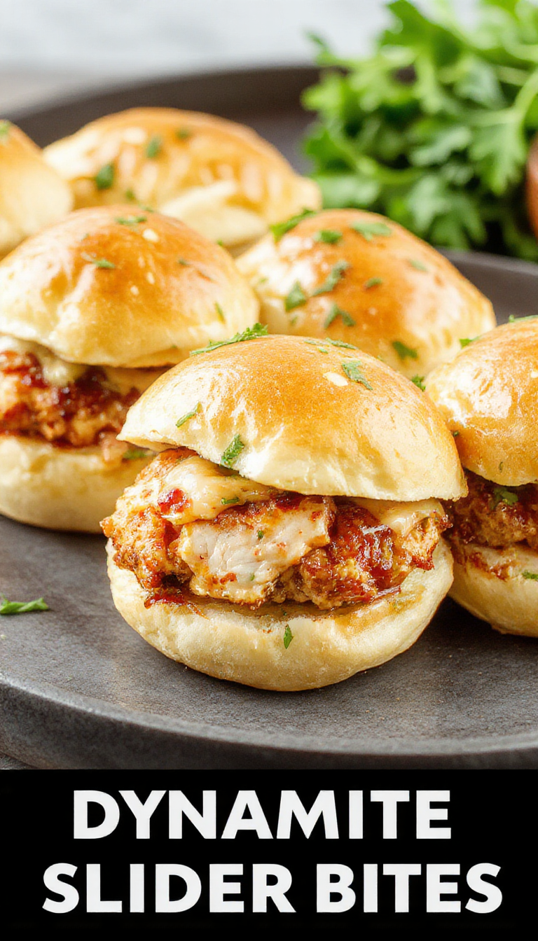Close-up of mini Dynamite Chicken Slider Bites on a plate, showcasing crispy chicken, spicy mayo, and fresh toppings