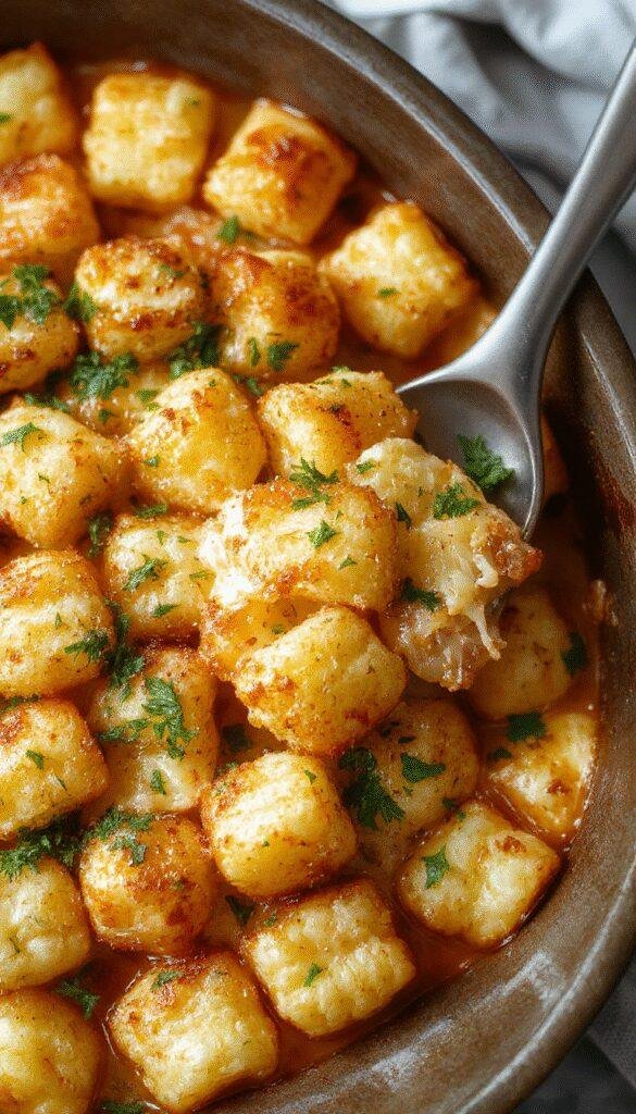 A delicious Tater Tot Bake in a casserole dish topped with melted cheese and crispy golden Tater Tots, surrounded by fresh ingredients like herbs and vegetables.