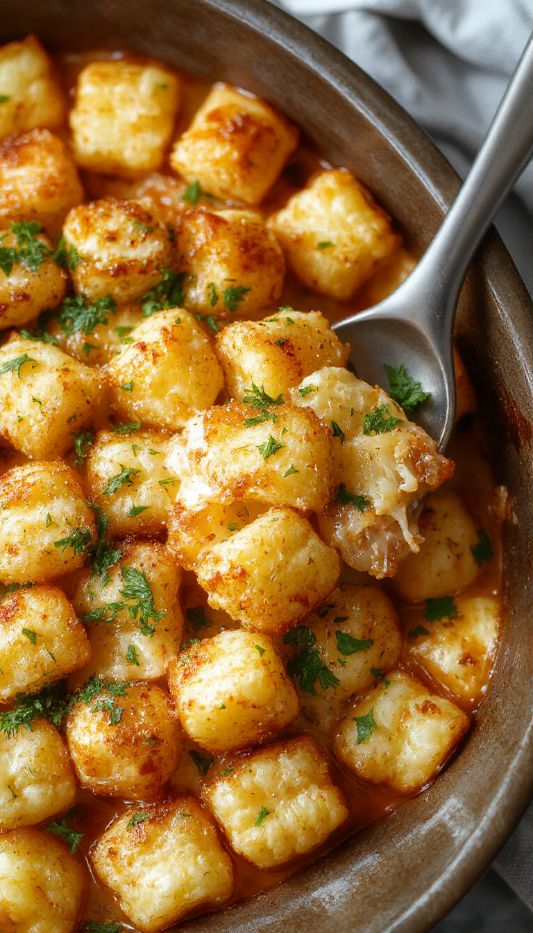 A golden, bubbling Tater Tot Bake in a casserole dish topped with melted cheese and fresh herbs, ready to serve.