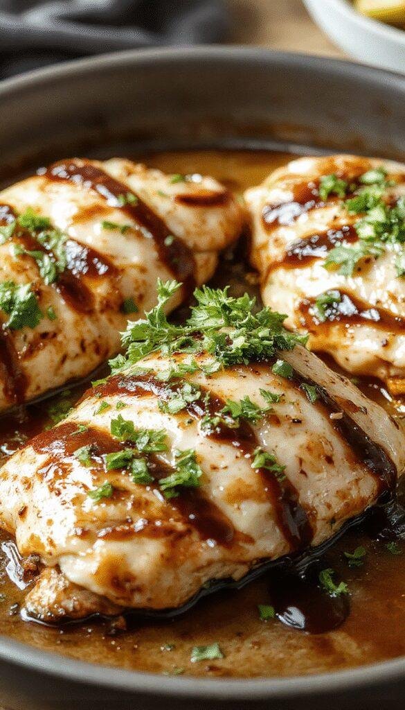 Juicy Balsamic Chicken sizzling in a skillet with fresh herbs and a glossy glaze, served with colorful vegetables.
