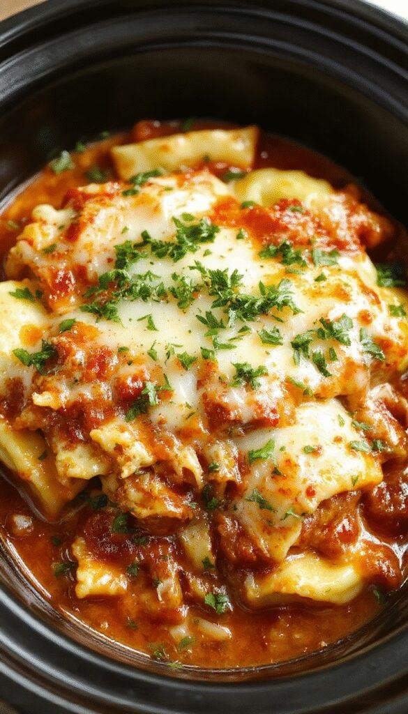 A delicious cheesy ravioli lasagna layered in a slow cooker, topped with melted cheese and fresh herbs, ready to serve.