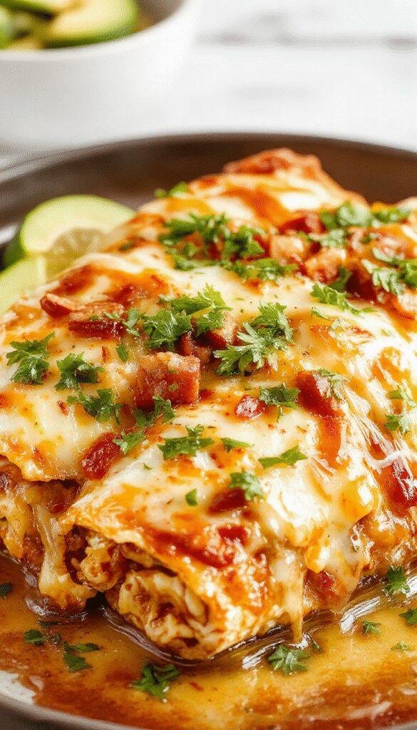 A colorful plate of enchiladas topped with melted cheese, fresh cilantro, and a side of salsa and sour cream, showcasing an inviting Mexican dinner.
