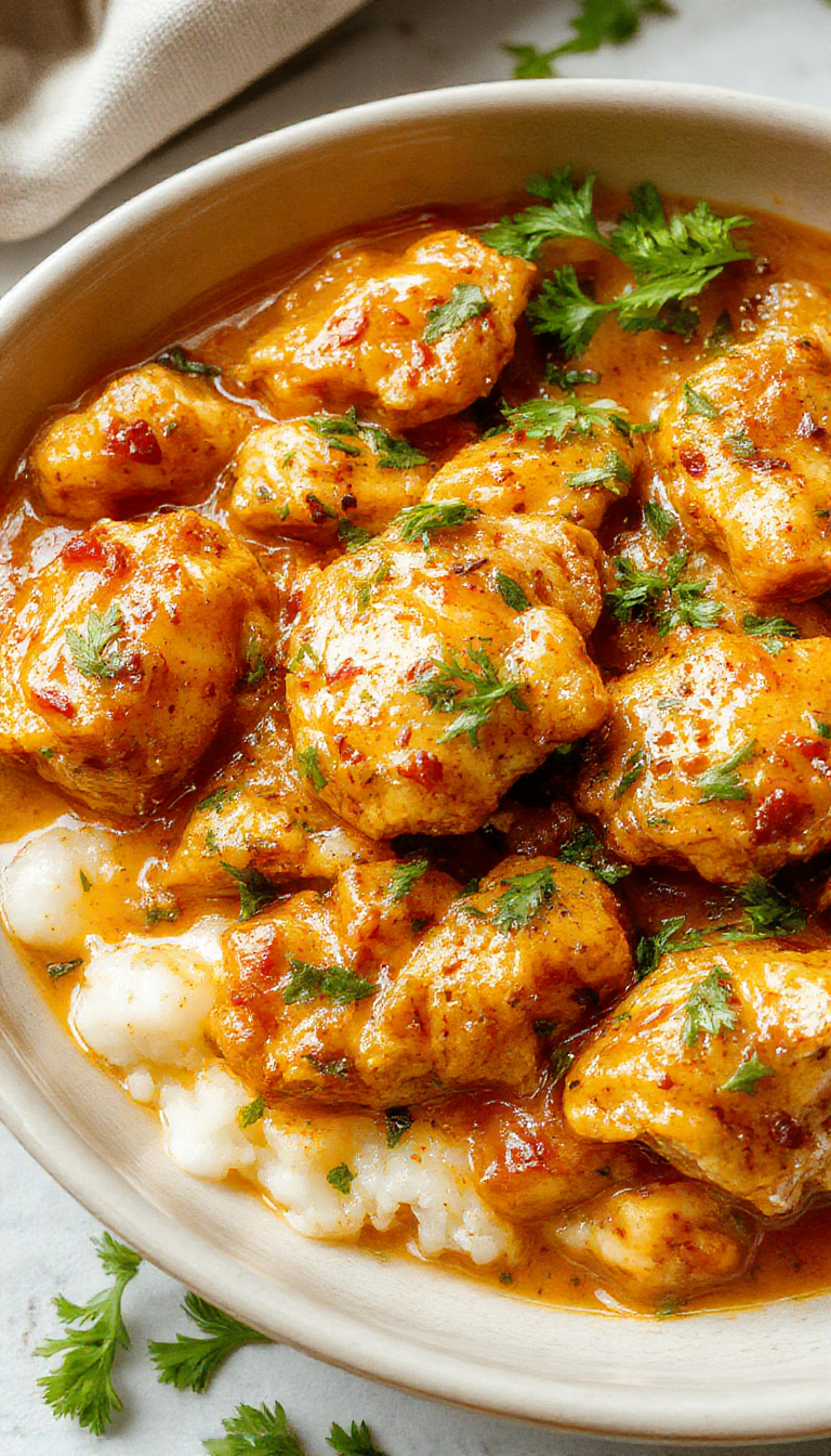 A plate of golden butter chicken served with steamed rice and fresh herbs, showcasing a rich, creamy sauce with tender pieces of chicken.