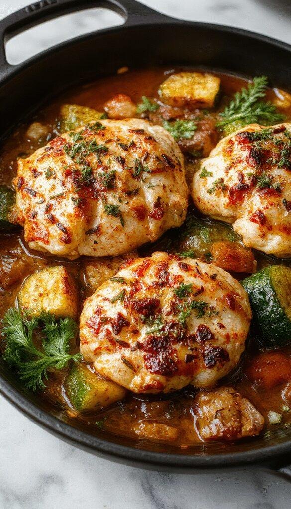 A colorful baked dish featuring tender chicken pieces, sliced zucchini, cherry tomatoes, and herbs on a rustic wooden table.