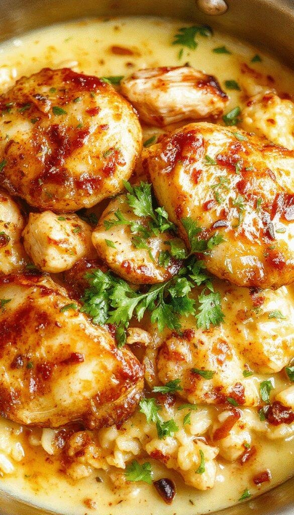 A colorful one-pan chicken and rice dish with grilled chicken pieces, vibrant vegetables, and fluffy rice garnished with herbs