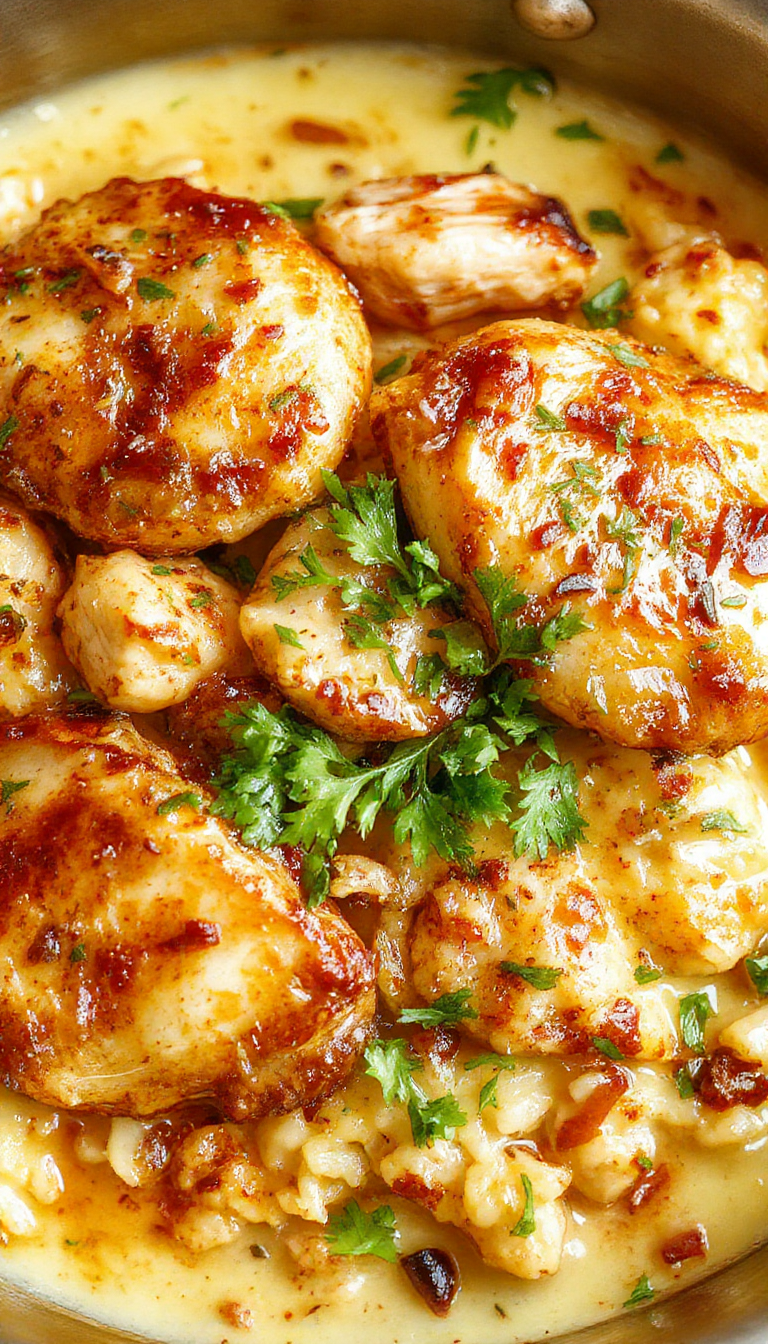 A colorful one-pan chicken and rice dish with grilled chicken pieces, vibrant vegetables, and fluffy rice garnished with herbs