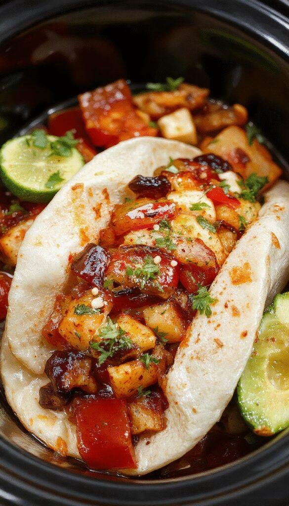 Colorful fajitas sizzling in a slow cooker with vibrant peppers, onions, and seasoned chicken slices, ready to serve as a weeknight dinner.