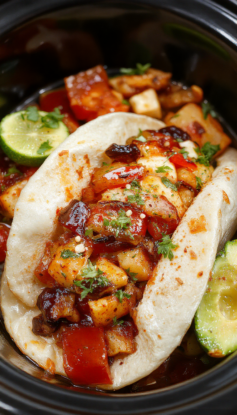 Colorful fajitas sizzling in a slow cooker with vibrant peppers, onions, and seasoned chicken slices, ready to serve as a weeknight dinner.