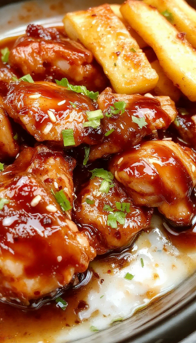 A delicious plate of slow cooker teriyaki chicken garnished with sesame seeds and sliced green onions, served alongside steamed rice.