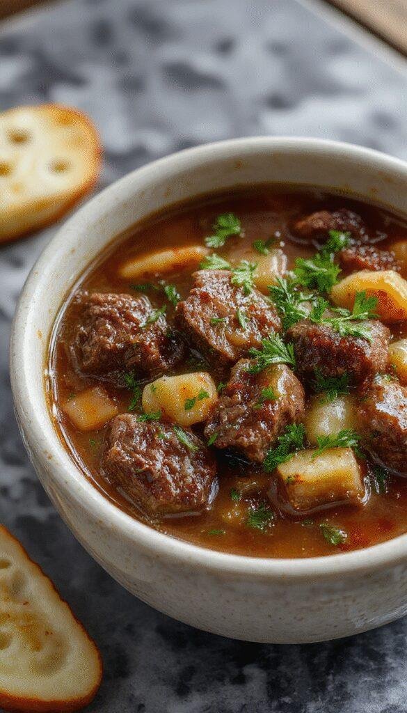 A steaming bowl of Enchanted Elixir Beef Stew with tender beef chunks, vibrant vegetables, and a rich, savory broth garnished with fresh herbs, presented in a rustic bowl.