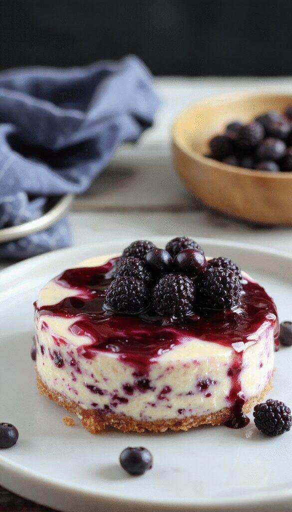 A stunning midnight blue blueberry cheesecake garnished with fresh blueberries and a sprinkle of edible glitter, set on a elegant serving platter.