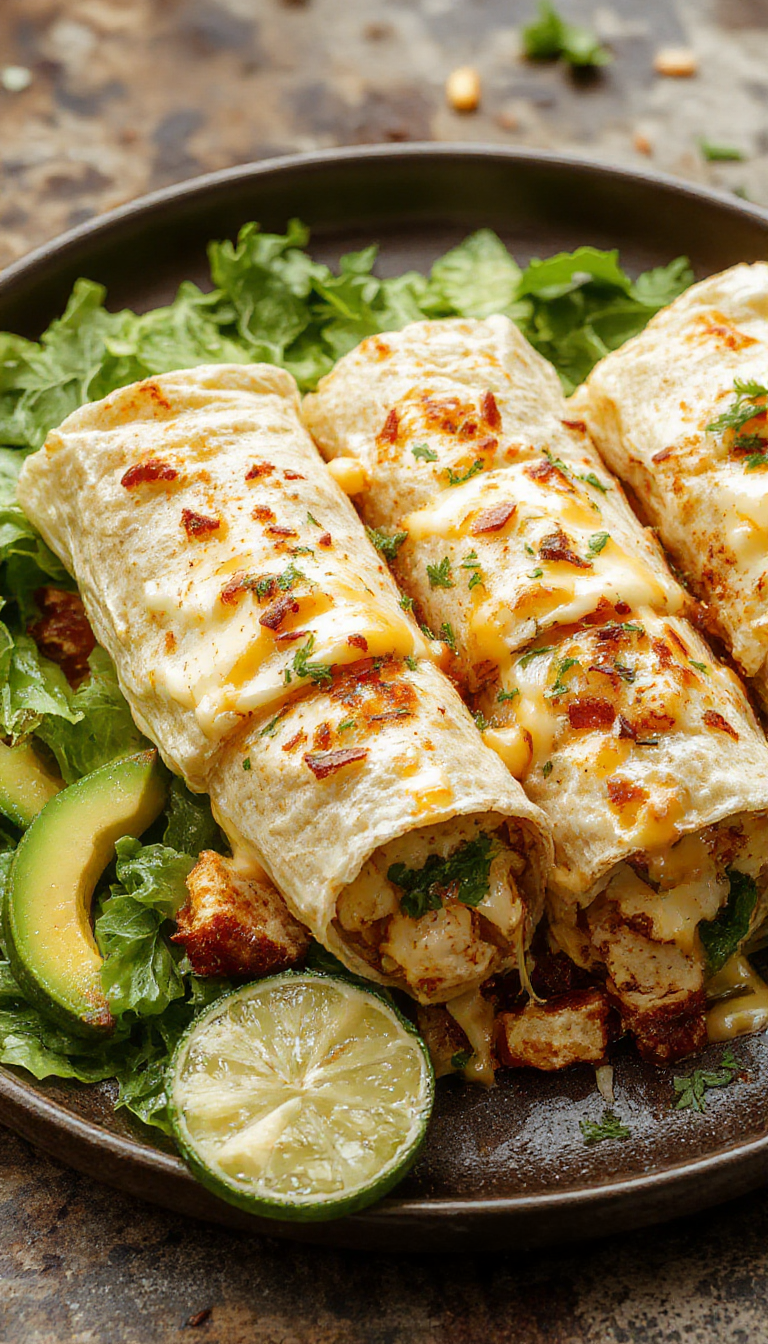 Golden cheesy garlic chicken wraps filled with juicy chicken, melted cheese, and fresh herbs, wrapped in soft tortillas.