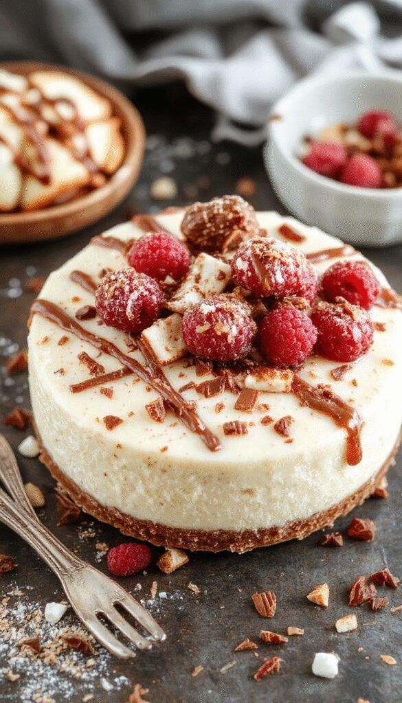A festive Churro Cheesecake garnished with cinnamon sugar, topped with whipped cream and red sprinkles, ready for a celebration.