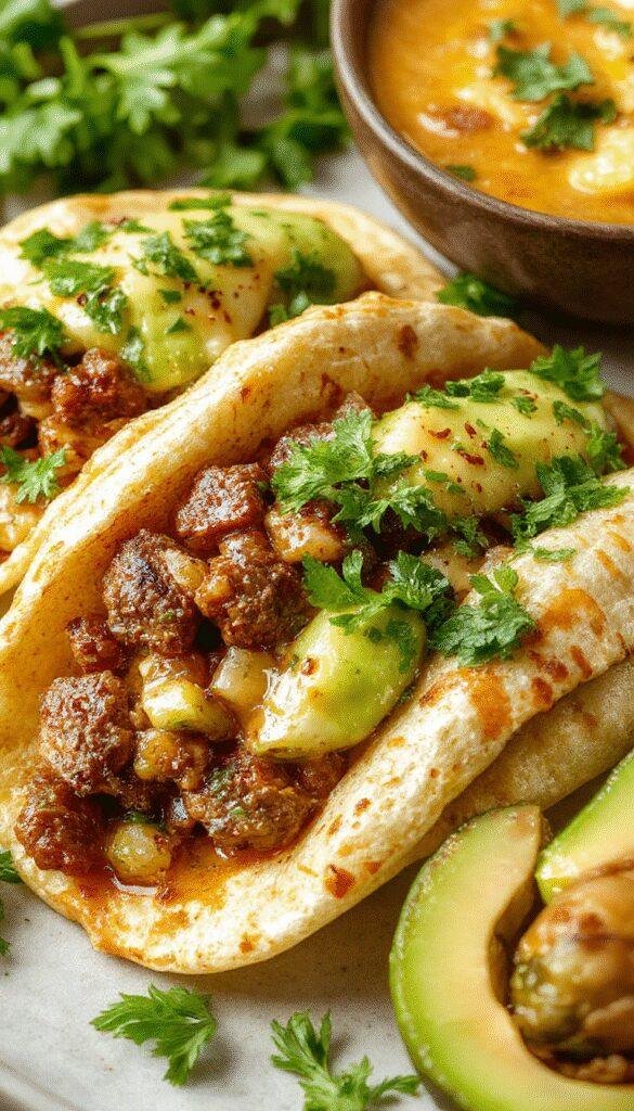 Close-up of flavorful beef birria tacos with tender shredded meat, fresh cilantro, diced onions, and crispy corn tortillas on a rustic plate.