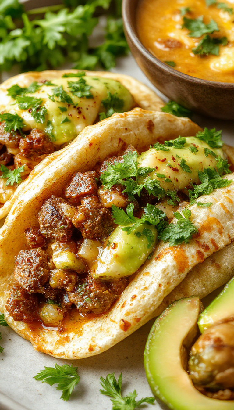 Close-up of flavorful beef birria tacos with tender shredded meat, fresh cilantro, diced onions, and crispy corn tortillas on a rustic plate.