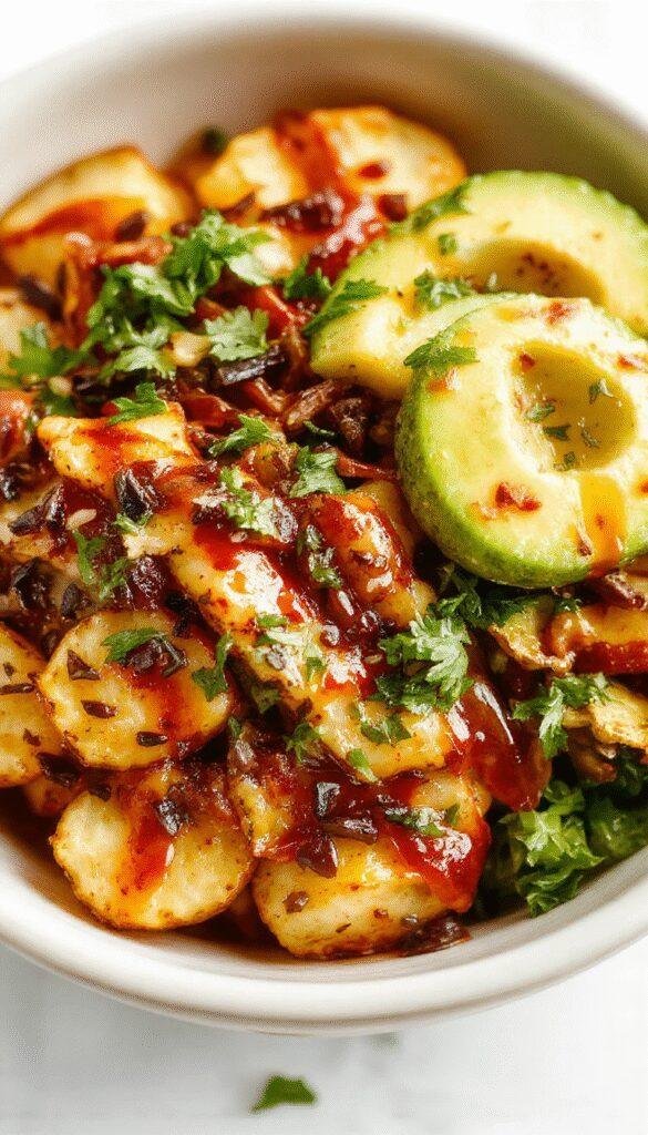 A colorful bowl filled with loaded potato taco ingredients, including seasoned potatoes, salsa, cheese, sour cream, and fresh toppings, perfect for meal prep.
