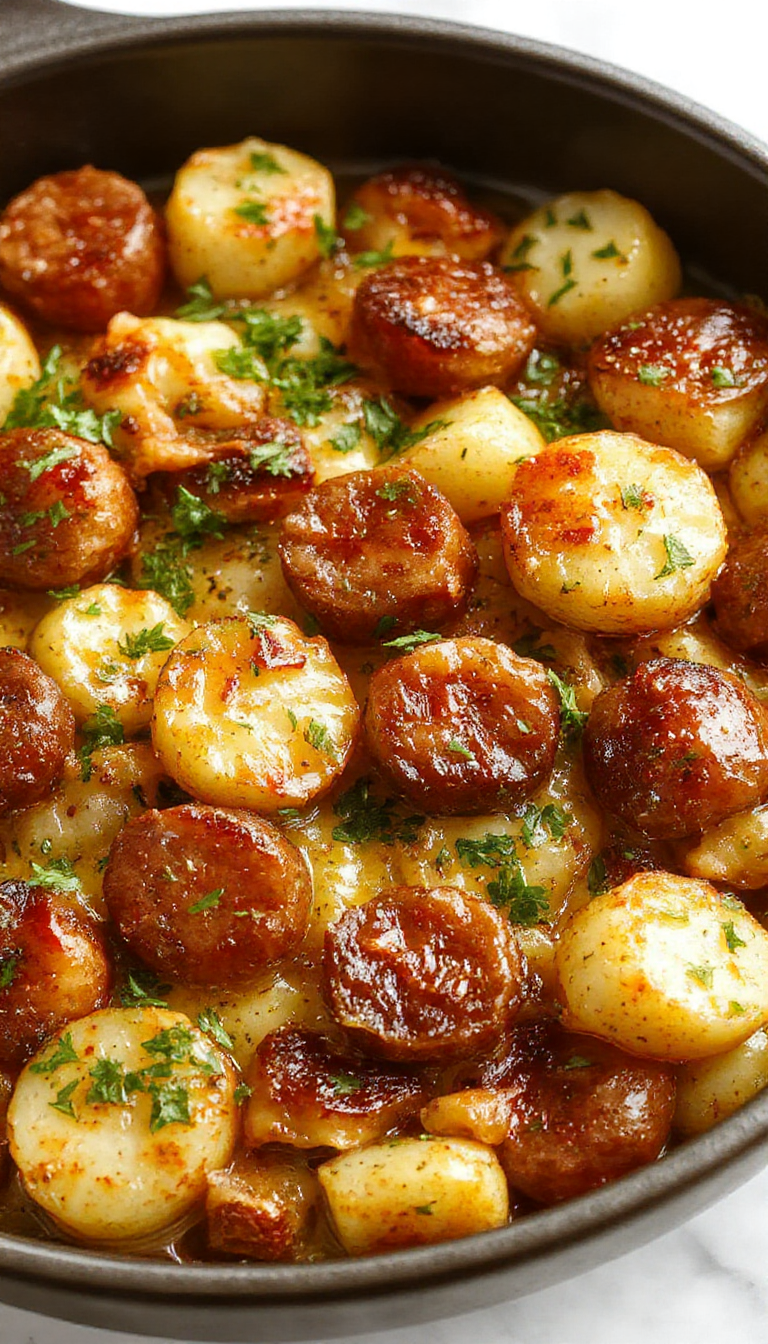 A hearty ranch potato and smoked sausage bake in a casserole dish, garnished with fresh herbs and served hot with melted cheese on top.