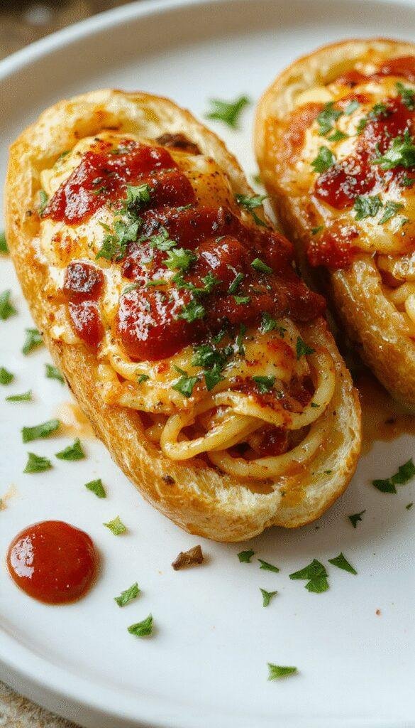 Golden garlic bread boats filled with flavorful spaghetti, topped with herbs and cheese, served on a rustic wooden table.