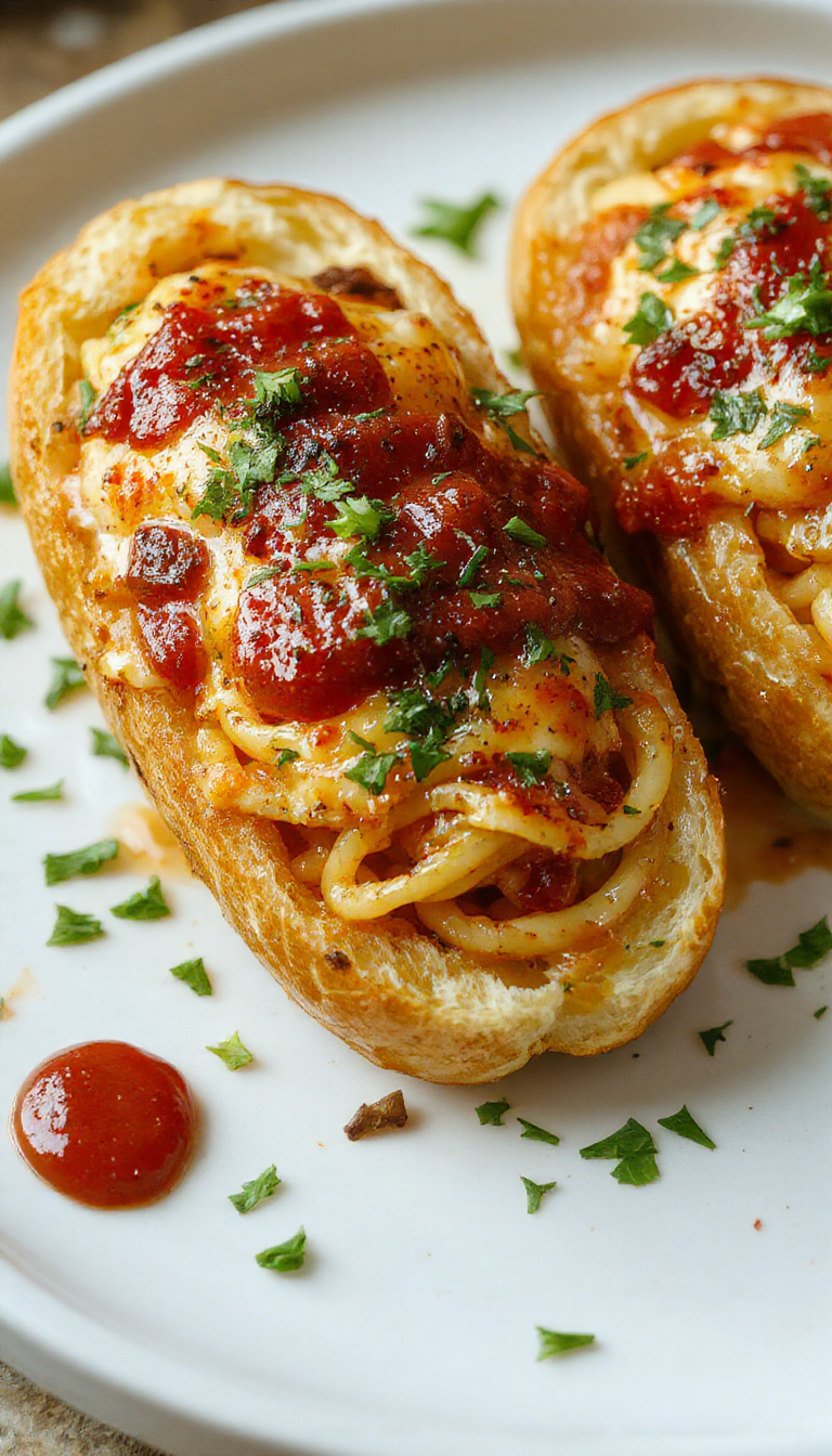 Golden garlic bread boats filled with flavorful spaghetti, topped with herbs and cheese, served on a rustic wooden table.