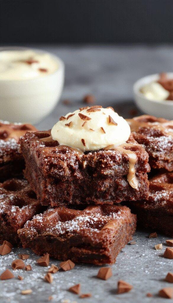 A close-up of a decadent flourless fudgy waffle brownie, showing its rich, chocolatey texture topped with a dusting of powdered sugar.