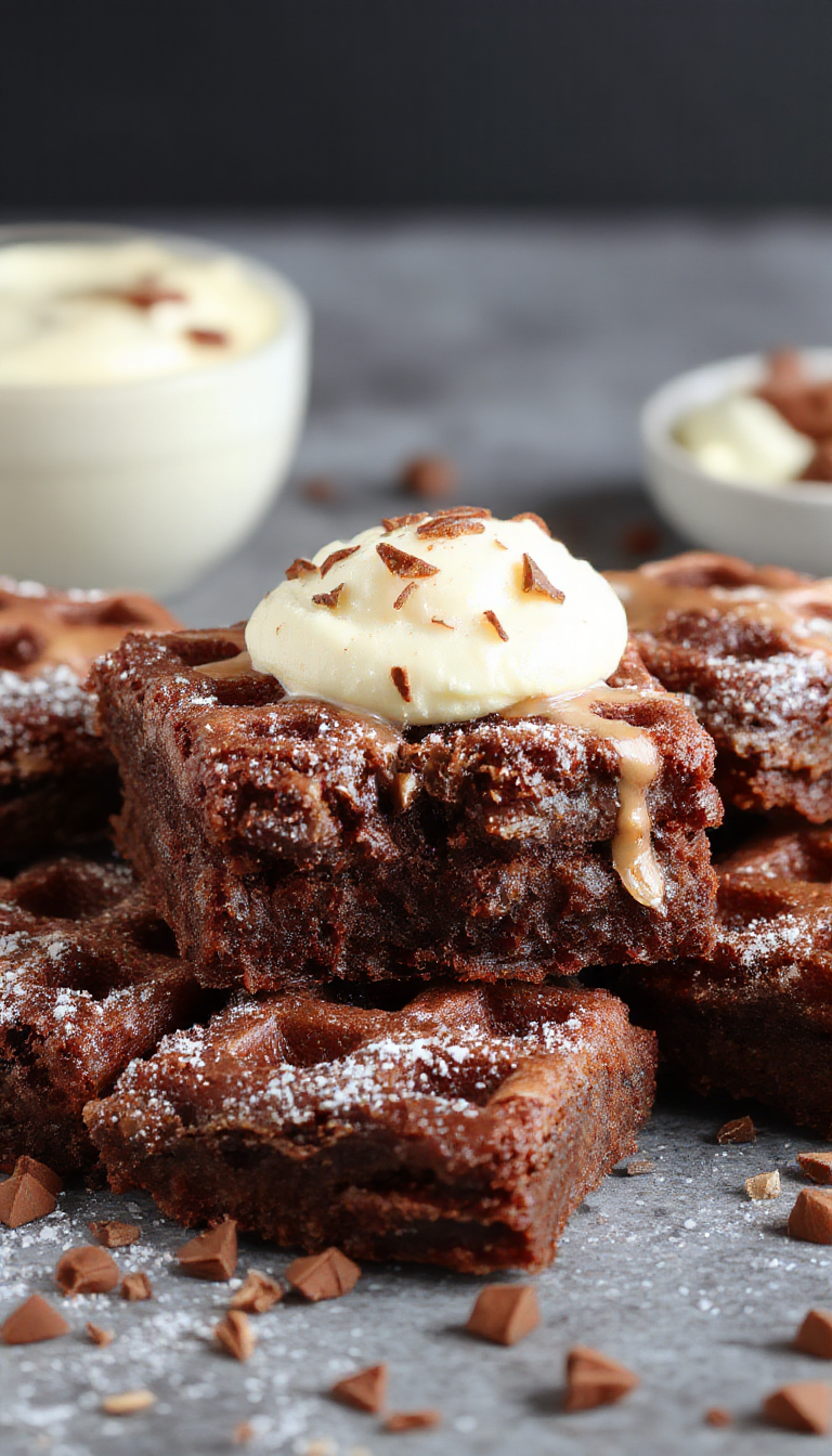 A close-up of a decadent flourless fudgy waffle brownie, showing its rich, chocolatey texture topped with a dusting of powdered sugar.
