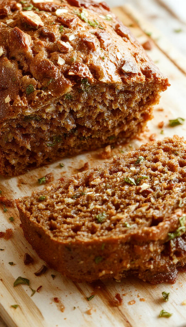 A freshly baked Garden Goodness Loaf zucchini bread on a rustic wooden table, garnished with powdered sugar and fresh herbs, with slices revealing moist, green-speckled interior.