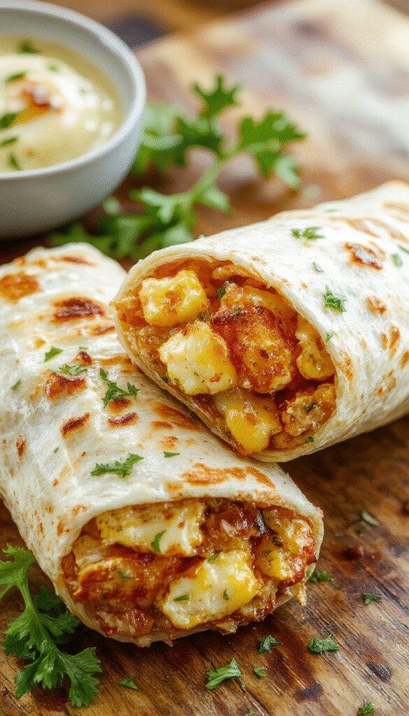Close-up of cheesy garlic chicken wraps garnished with herbs on a rustic plate