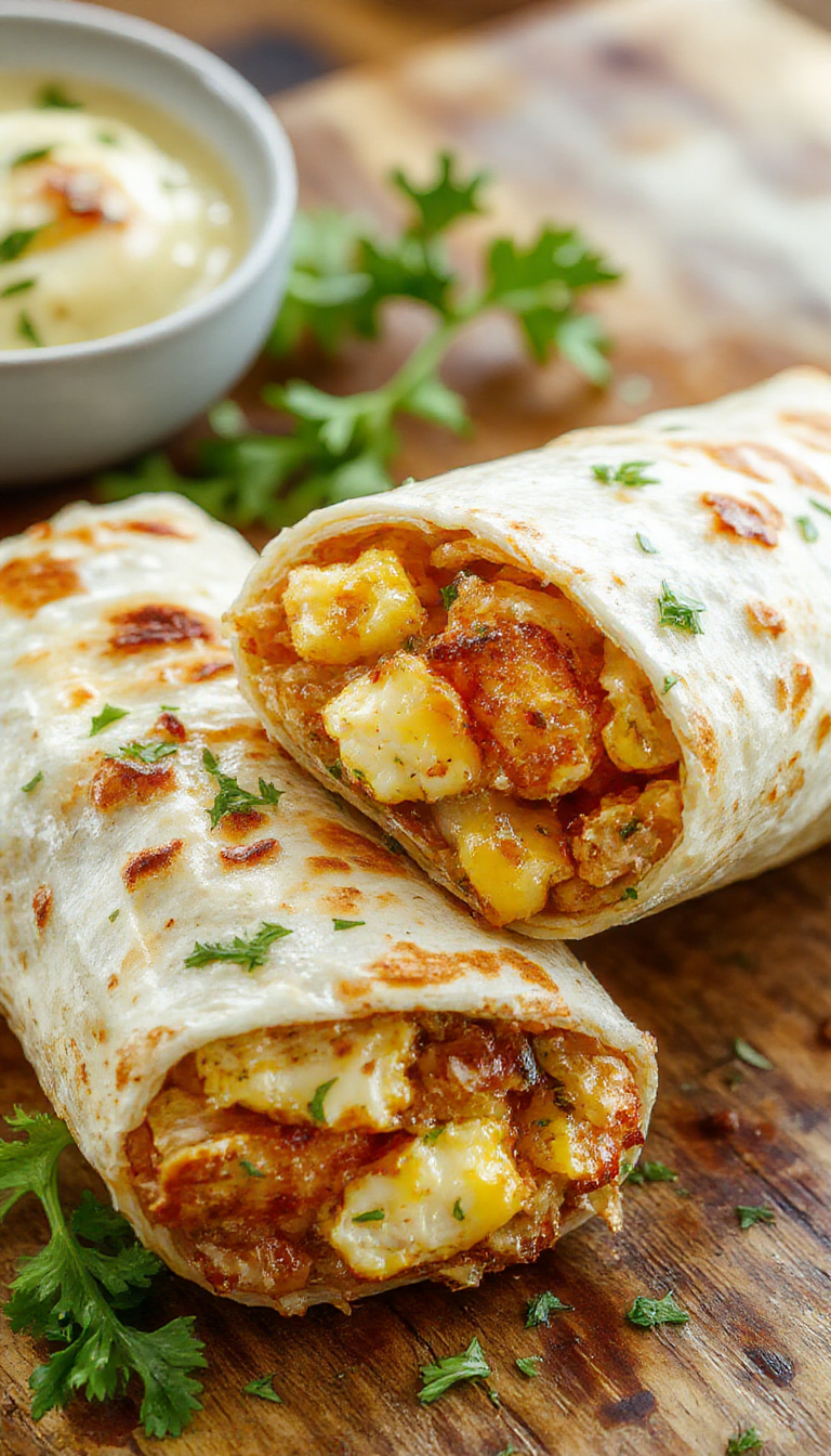 Close-up of cheesy garlic chicken wraps garnished with herbs on a rustic plate