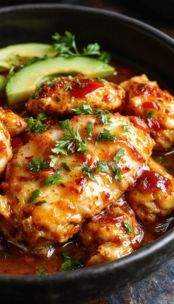 A plate of Glorious Sweet Chili Chicken garnished with fresh herbs, served with colorful vegetables and steamed rice.