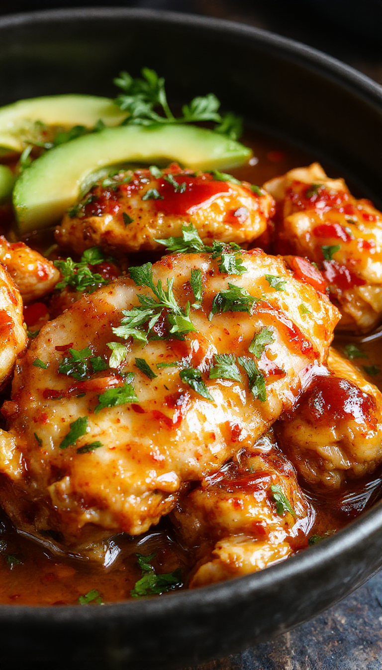 A plate of Glorious Sweet Chili Chicken garnished with fresh herbs, served with colorful vegetables and steamed rice.