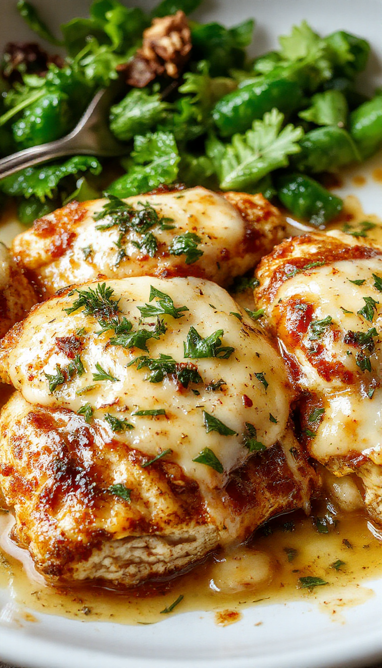 Golden baked chicken parmesan served on a plate with melted cheese, marinara sauce, and fresh basil garnish.