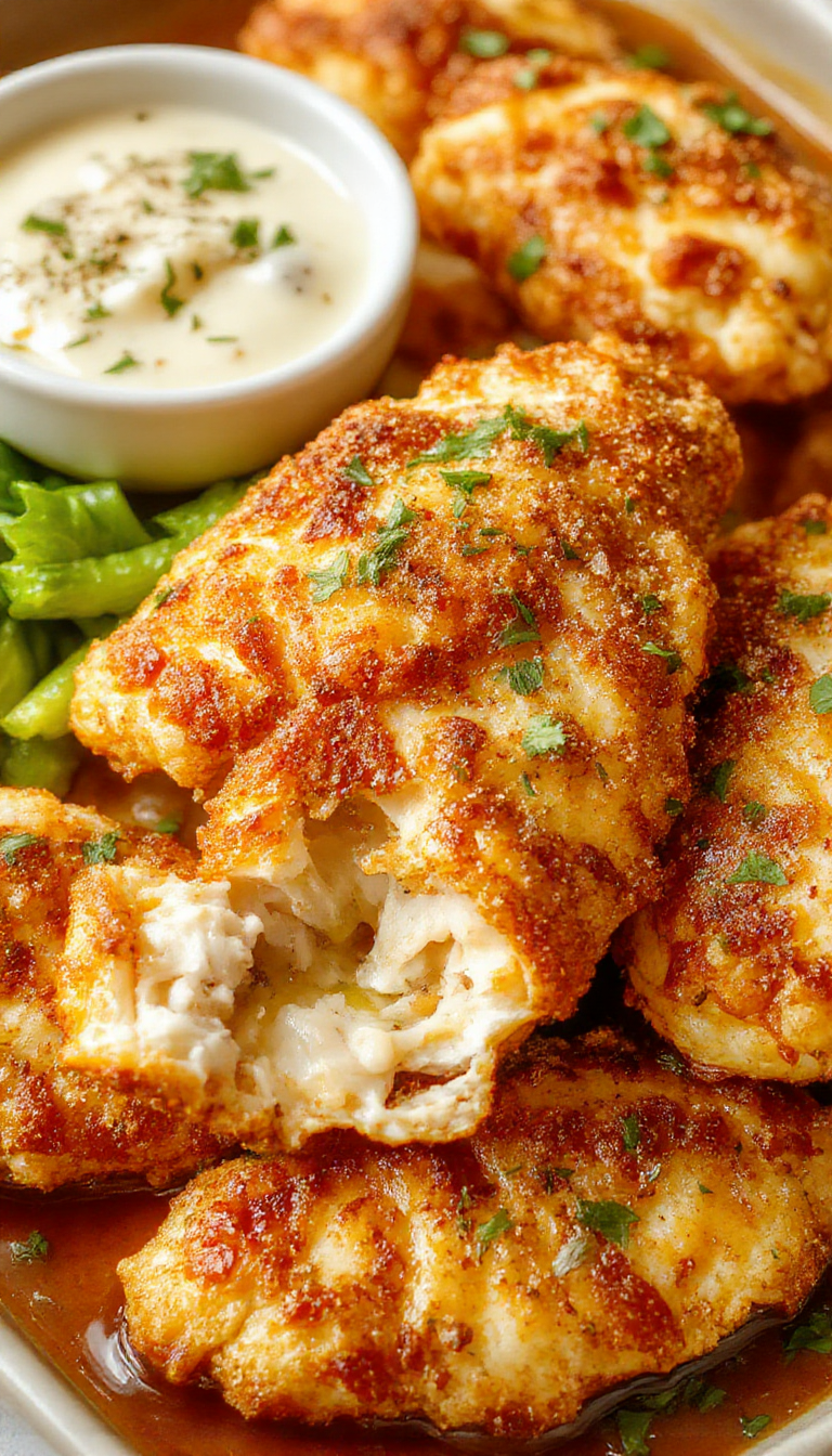 Golden baked chicken tenders arranged on a white plate with crispy breading and fresh herbs garnish, steaming slightly to showcase their crunch.