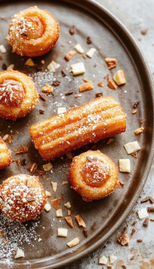 Golden baked churros sprinkled with cinnamon sugar served on a rustic plate, with a side of melted chocolate for dipping.