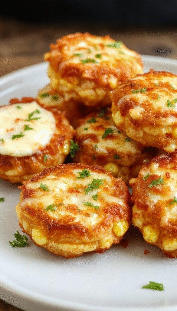Golden crispy cheesy corn fritters arranged on a rustic plate with fresh herbs, steam rising to showcase their crunchy exterior and cheesy interior.