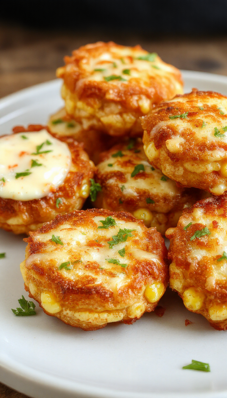 Golden crispy cheesy corn fritters arranged on a rustic plate with fresh herbs, steam rising to showcase their crunchy exterior and cheesy interior.