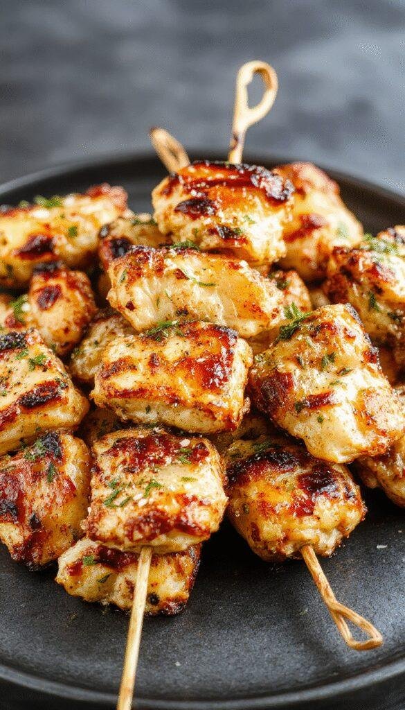 Golden Garlic Parmesan Chicken Skewers sizzling on a barbecue grill, garnished with fresh herbs and parmesan cheese.
